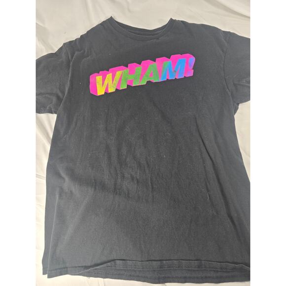 Vintage WHAM! T-Shirt Black Rainbow Logo Neon Pop 80s Music Tee Unisex Size L - Picture 1 of 5
